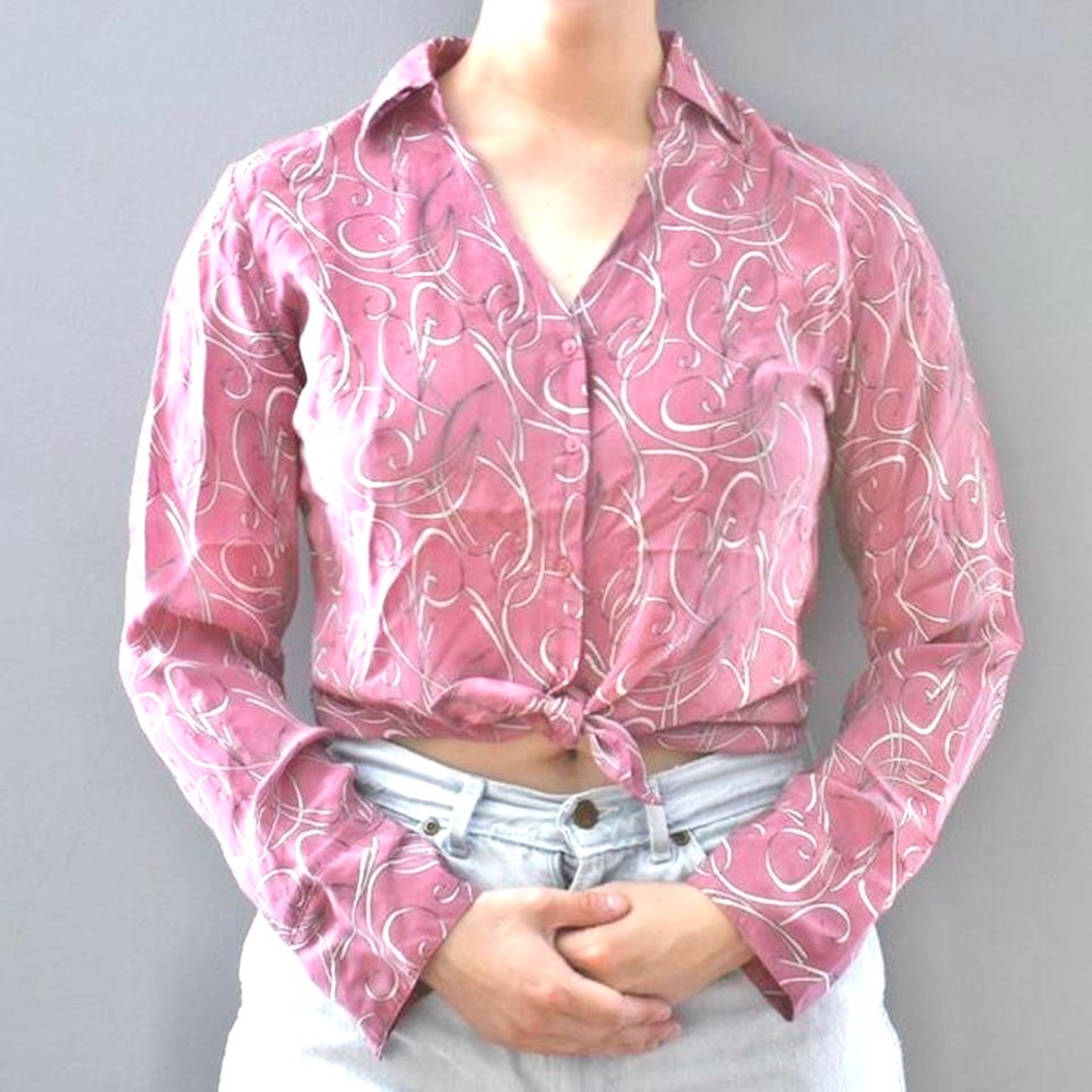 Merona 100% Silk Vintage Pink Swirl Soft Long Sleeved Button Down Blouse